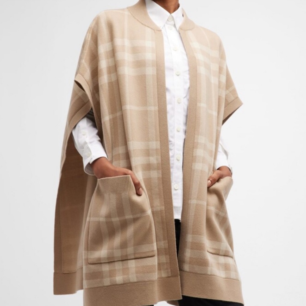 BURBERRY CARLY SOFT FAWN COLOR CHECK CASHMERE-BLEND CAPE